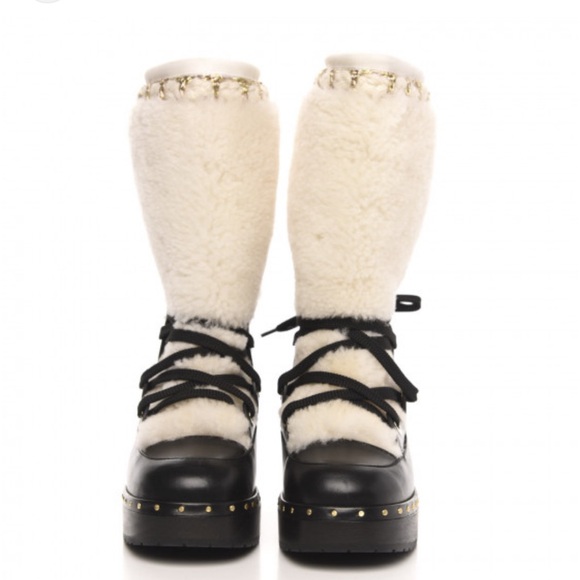 CHANEL Shearling Chain Studded CC High Boots - Picture 1 of 16